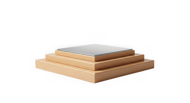 Stacked wooden blocks with a metallic square on top against a black background