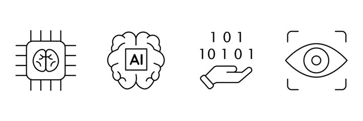 Ai chip, ai brain, binary data hand, ai vision eye icon set, artificial intelligence vector illustration, minimal technology research symbol.