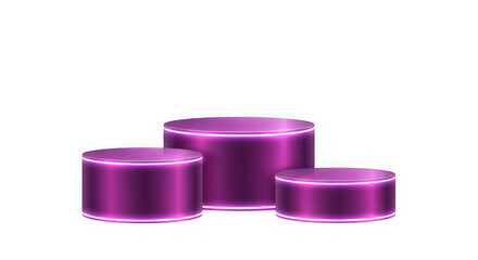 Three glowing purple cylindrical pedestals on a black background