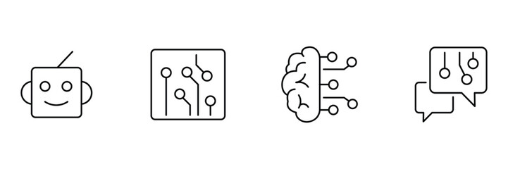 Robot face, circuit board, brain technology, ai chat bubble icon set, artificial intelligence vector illustration, minimal outline digital symbol.