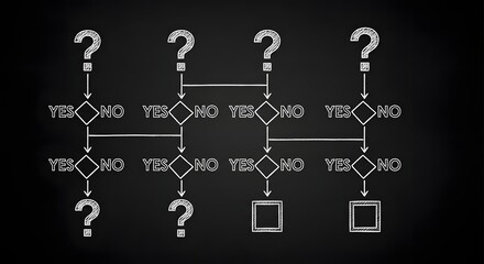 Chalkboard Flowchart with Question Marks YesNo Decisions and Outcome Boxes.