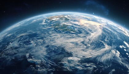 Fototapeta premium Breathtaking Blue Earth With Ocean, Clouds, And Continents Floating In The Vast Open Space Against A Twinkling Starry Sky.