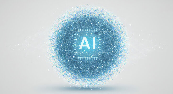 Abstract ai concept with network sphere and processor on transparent background