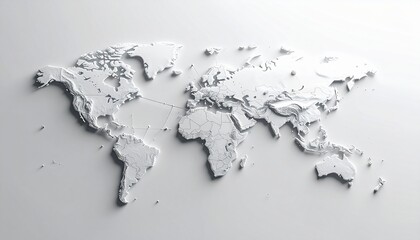 HighDetail 3D Topographic World Map with Subtle Connections and Pin Markers.