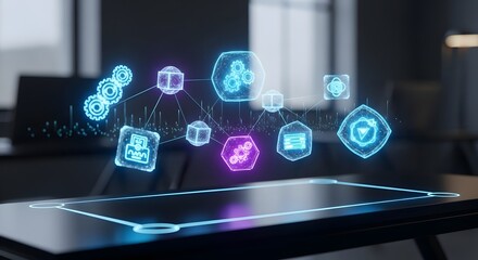 Luminous Holographic Network of Neon Icons Projected from a Futuristic Digital Tablet