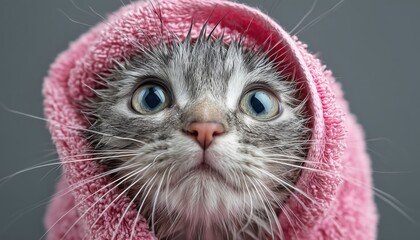 Adorable Gray Tabby Kitten Smiling And Wrapped In Pink Towel After Bath, With Blue Eyes. Purrfect Moments Of Pets And Bath Time.