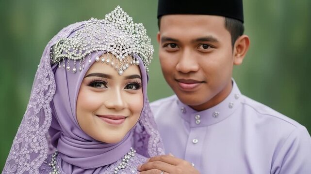 Young muslim couple in traditional wedding attire, close up portrait
