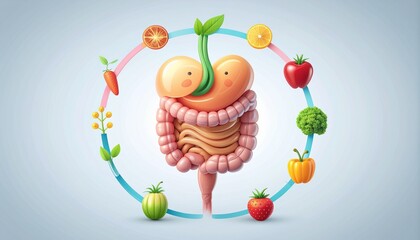 Sprouting with Health: A Joyful Cartoon Digestive System Fed by a Circle of Fresh Produce