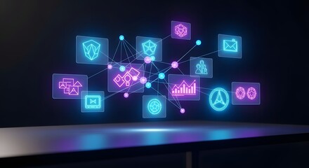 Vibrant Neon Digital Network: Interconnected Icons on Reflective Surface
