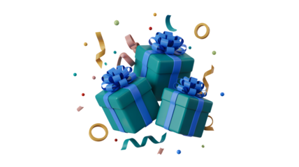 Three blue gift boxes with ribbons and confetti isolated on transparent background