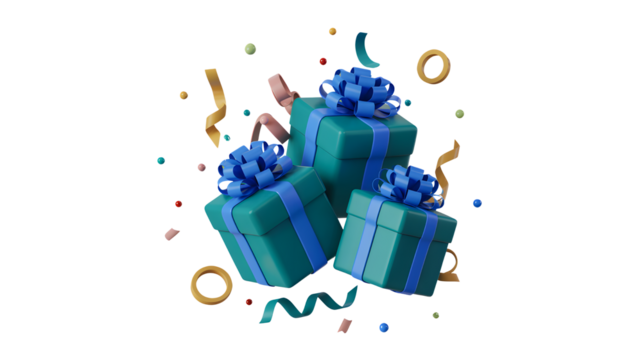 Three blue gift boxes with ribbons and confetti isolated on transparent background