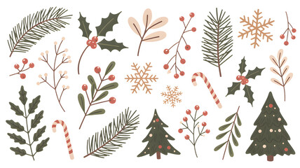 Collection of christmas elements like trees snowflakes and candy canes isolated on transparent background