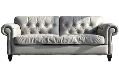 White leather sofa, comfortable seating, tufted back, rolled arm, classic style, elegant living