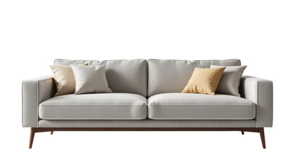 Fototapeta premium Modern sofa, beige fabric, wooden legs, comfortable, living room, minimal style, cozy