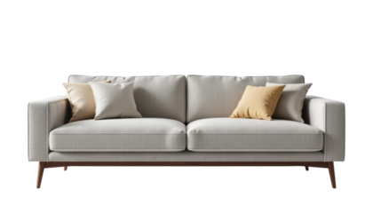 Modern sofa, beige fabric, wooden legs, comfortable, living room, minimal style, cozy