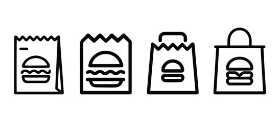 Fast Food Delivery and Takeout Bag Icons Set. Paper Bag with Burger Symbol for Restaurant