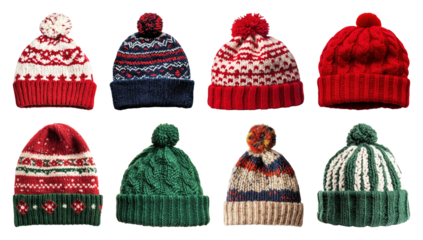 PNG Colorful knitted winter hats collection, element set on transparent background