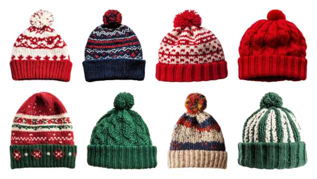 PNG Colorful knitted winter hats collection, element set on transparent background