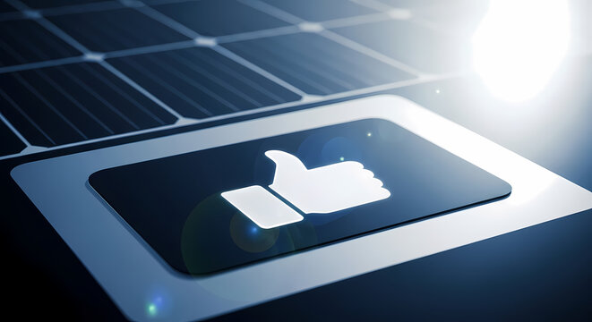 Embrace sustainable energy solutions with this powerful solar panel and a glowing thumbs up icon symbolizing approval and positive innovation in renewable technology.