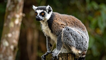 Fototapeta premium A close-up portrait shows a ring-tailed primate perched on a tree stump, with striking eyes and a curious gaze. Lush green foliage surrounds