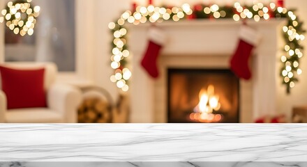 Empty marble top with blurred fireplace and christmas decoration background