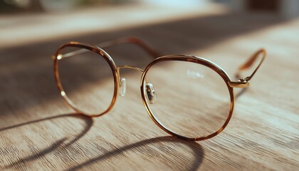 Close-Up Of A Pair Of Glasses Resting On A Table: Detailed Image Of Eyeglasses Placed On A Flat Surface For Display.