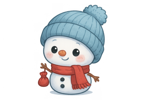 Cute snowman wearing blue winter hat and red scarf with gift bag, celebrating christmas and winter holidays