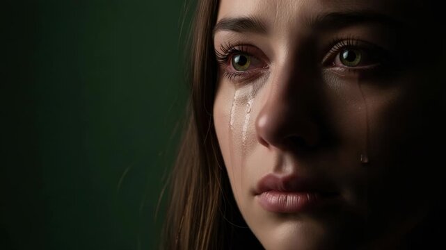 Close up of a young womans face with tears streaming down her cheek