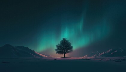 Breathtaking View Of The Northern Lights Illuminating Sky With A Tree Silhouetted In The Foreground Creating A Stunning Backdrop.