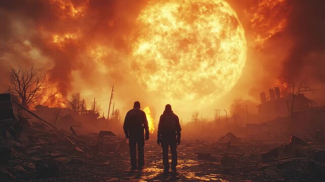 Two figures walk through a devastated landscape beneath a massive, fiery sun during an apocalyptic event