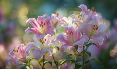 A beautiful, close-up cluster of pink and white lilies blooming, bathed in soft, bright light against a highly blurred background with bokeh effects.