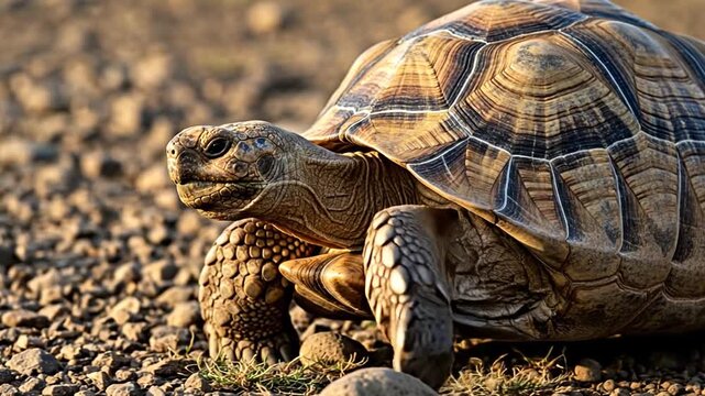 Ancient tortoise with textured shell slowly moving across stony terrain, embodying wisdom