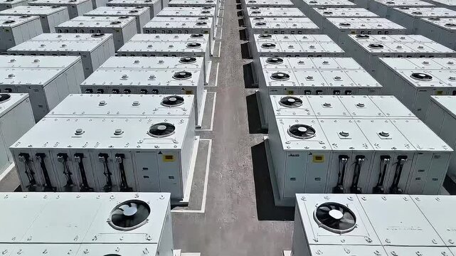 Rows of industrial cooling units in a large facility.