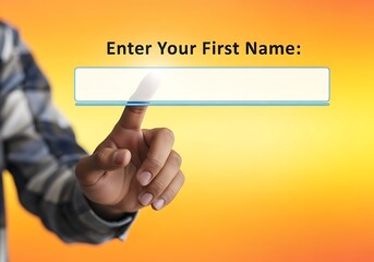 A hand touches a digital form requesting a first name input