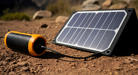 Portable solar panel charging electronic device on rugged terrain, embracing sustainable power for outdoor adventures and remote work solutions.