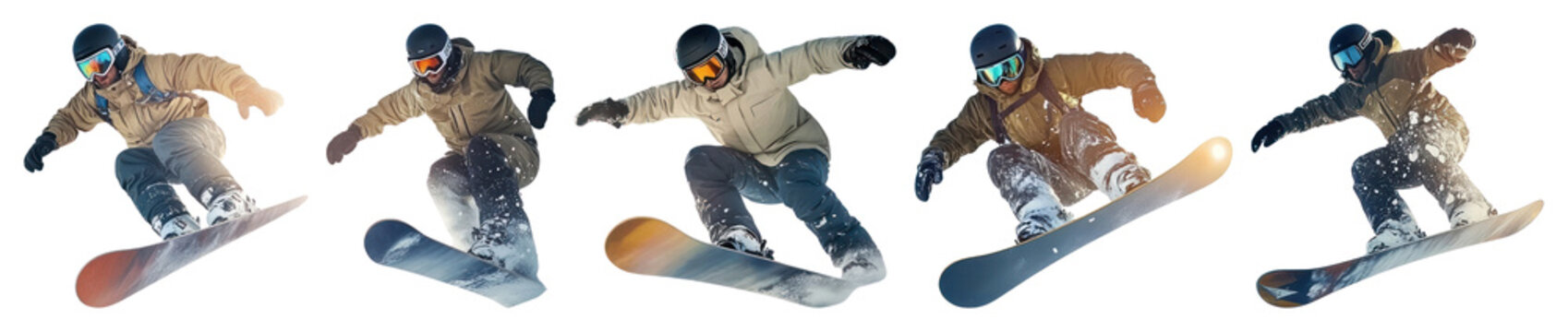 PNG Dynamic snowboarding action sequence, element set on transparent background