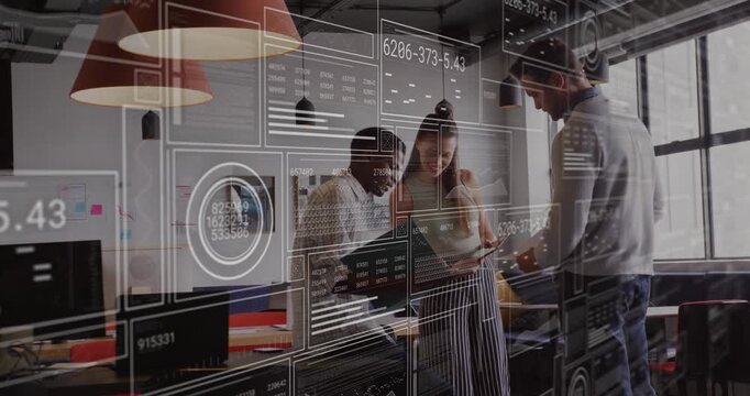 Colleagues opening folder and scrolling tablet revealing AR charts analyzing data in tech office