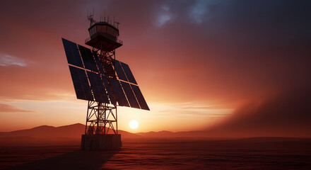 Stunning sunset illuminates remote solar power tower and observation deck, symbolizing renewable energy innovation and future exploration.