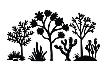Desert Silhouette: A striking silhouette of desert plants and trees, artfully arranged against a bright backdrop, evoking a sense of arid beauty and resilience.