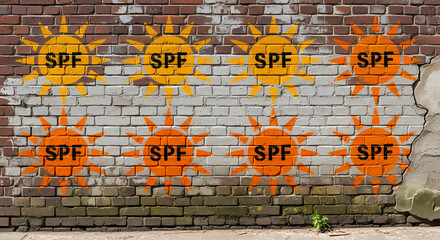 Vibrant sun graphics with SPF text spray painted onto weathered brick wall, promoting sun protection awareness and summer fun
