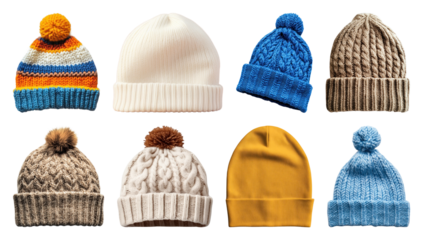PNG Colorful knitted winter hats collection, element set on transparent background