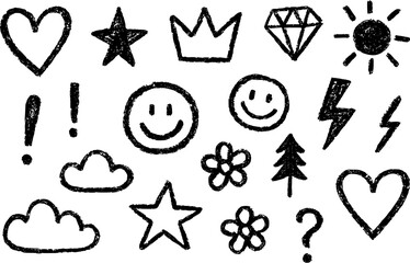 Hand‑Drawn Doodle Icon Collection. Containing Hearts, Stars, Crowns, Clouds, Flowers, Smileys, and More. Textured Sketch Symbol Set.