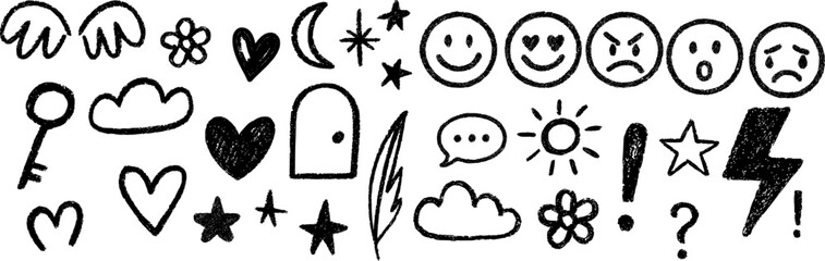 Hand-Drawn Doodle Icon Collection. Containing Heart, Star, Cloud, Smile, and Lightning Elements. Sketch Outline Icons Set.