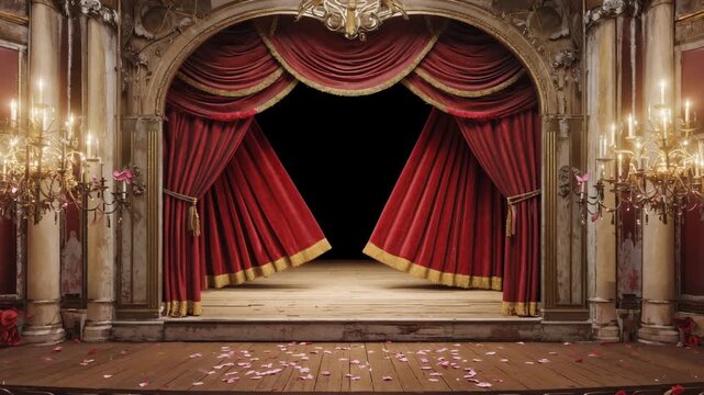 Grand Theater Stage with Red Velvet Curtains and Scattered Petals opera performance