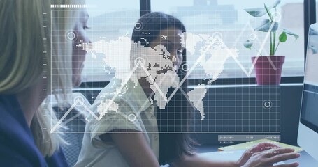 Two female colleagues responding to line graph emerging on translucent map, analyzing business data - Powered by Adobe