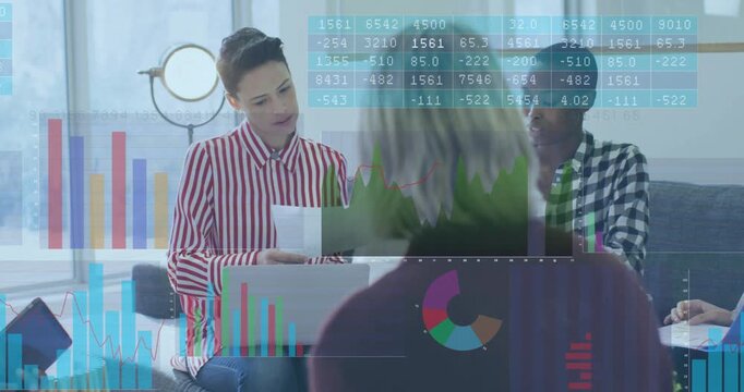 Colleagues reviewing, scrolling sheet and exchanging charts causing animated finance graphs forming