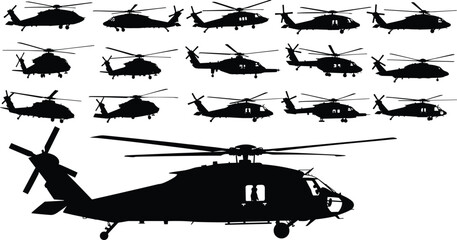 Blackhawk helicopter silhouettes collection, military aircraft vector set, helicopter side views, aviation illustration bundle, cad drawing flat vector illustration © Parimal