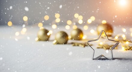 Christmas star-shaped cookie cutter on snowy surface with ornaments  