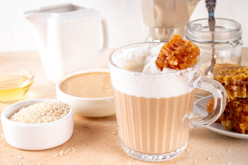 Tasty sweet and salted tahini honeycomb latte