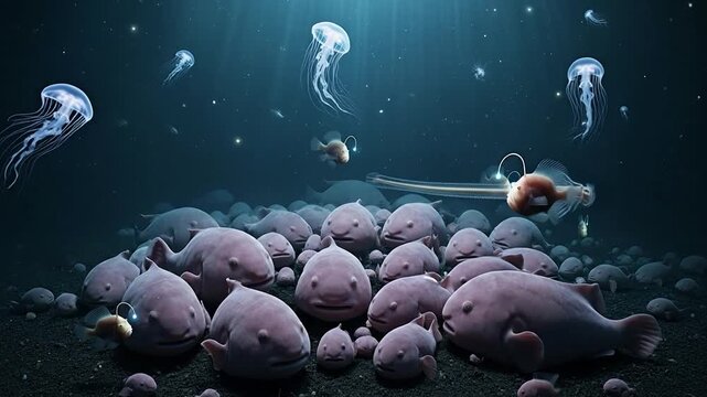 Deep sea blobfish colony swims with rare creatures in dark ocean abyss